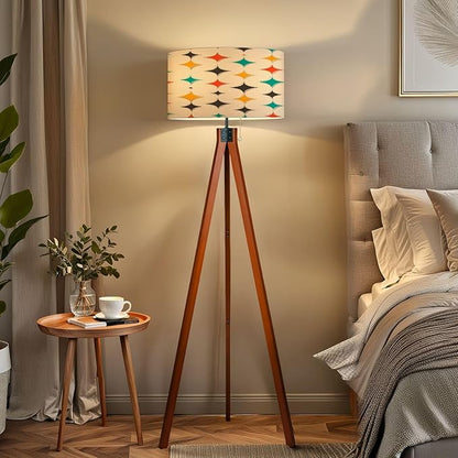 Wood Tripod Floor Lamp Mid Century Fifties Modern Stars Retro Colors Seamless Part Collection Mid Century Standing Lamp Linen Shade Dimmable Modern Tall lamp Home Decor for Living Room Bedroom Office