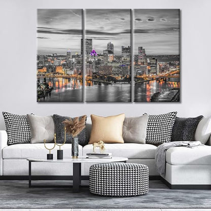 TUMOVO Pittsburgh City Skyline Home Decor Art Prints American Cityscape Pictures Bathroom Decor Wall Art 3 Panel Pittsburgh Skyscrapers Nighttime Lightscape Wall Art Framed Ready to Hang (60" Wx40 H)