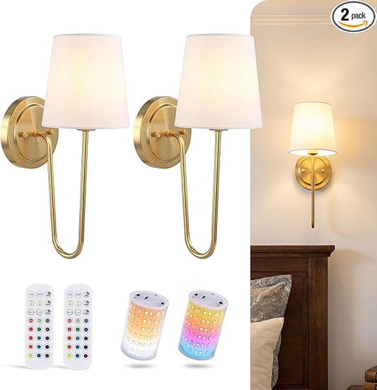 CLOUDY BAY 10000mAh Battery Operated Wall Sconces,Up to 100 Hours with Rechargeable RGB Dimmable Magnetic Bulb,Cordless Wall Lighting Fixtures with Remote for Bedroom,Soft Gold,2 Pack-15.4in
