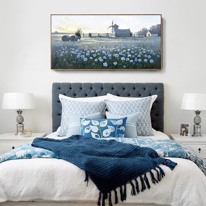 Oversize Framed Modern Wall Art, Natural Landscape Canvas Picture, Blue Rustic Farm Windmill And Floral Artwork For Living Rooms, Bedrooms, Hallways, Balconies, Dining Rooms, And Offices. 58X29 Inches.