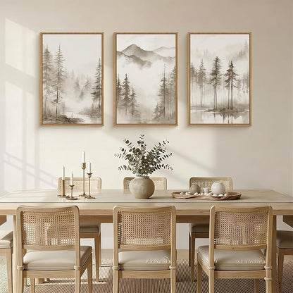 HPNIUB Foggy Mountain Forest Framed Wall Art Set, Abstract Misty Woodland Wall Decor,Neutral Pine Tree Farmhouse Art Print,Modern Nature Landscape Artwork for Living Room, Bedroom,Office-16''x24''x3