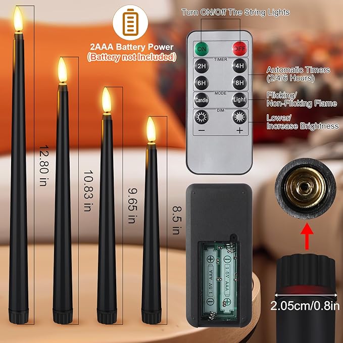Rossesay 28 Pcs Flameless Taper Candles with Timer Remote 4 Sizes of 8.5", 9.6", 10.83", 12.8" LED Flickering Taper Candles Battery Operated for Valentine's Day Church Wedding Home Decor(Black)