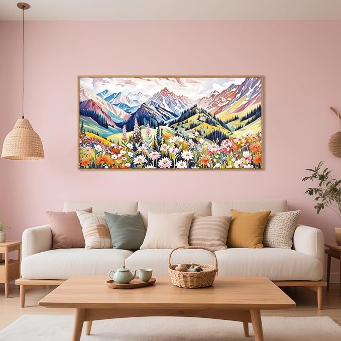 Aryroi Abstract Colorful Floral Mountain Landscape Framed Canvas Wall Art,Natural Boho Woodland Wildflower Decor,Modern Pink Blossom Botanical Artwork for Living Room, Bedroom, Farmhouse-40 x20 x1