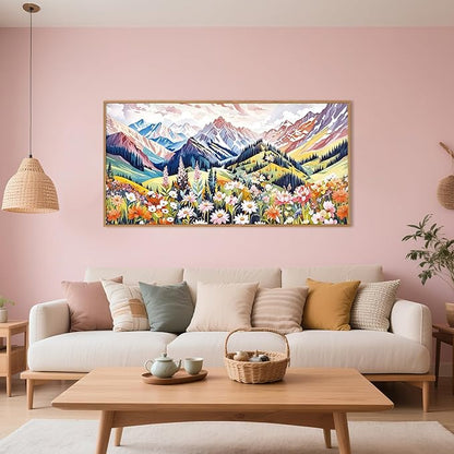 Aryroi Abstract Colorful Floral Mountain Landscape Framed Canvas Wall Art,Natural Boho Woodland Wildflower Decor,Modern Pink Blossom Botanical Artwork for Living Room, Bedroom, Farmhouse-40 x20 x1