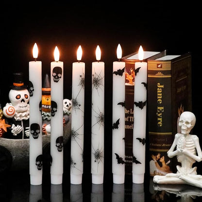 Halloween Flameless Taper Candles Battery Operated with Remote and Timer, 3D Wick Flickering LED Taper Candles Skull Bats Spider Decals Dinner Table Halloween Lights(6 Pack, 0.78 x 9.64”)