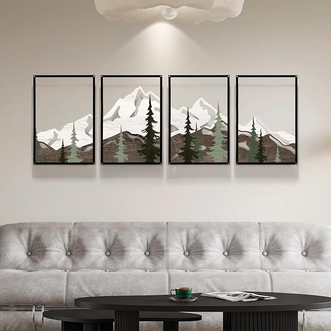 FIXNEO Minimalist Modern 4 Piece Wall Art with Mountain Design - Large 43.3" x 15.74" Black Metal Wall Art for Living Room, Dining Room, Bedroom, Office, Kitchen | Apartment Decor Aesthetic