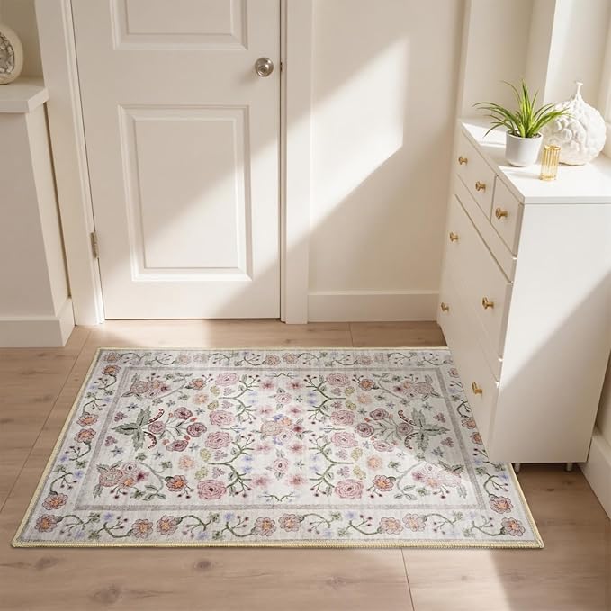 Maxsoft Small 2x3 Rugs for Entryway, Washable Floral Area Rugs for Entrance, Low Pile Thin and Non-Slip Throw Carpet for Kitchen Floor, Front Door Indoor Door Mat, Bathroom, Bedroom Bedside, Pink