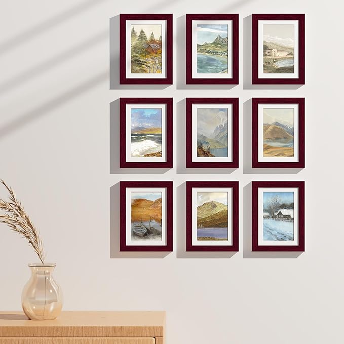 Vittanly 5x7 Picture Frames Set of 9, Display 4x6 Pictures with Mat or 5x7 without Mat, Photo Frames for Wall or Tabletop with Plexiglass, Engineered Wood, Cherry Red