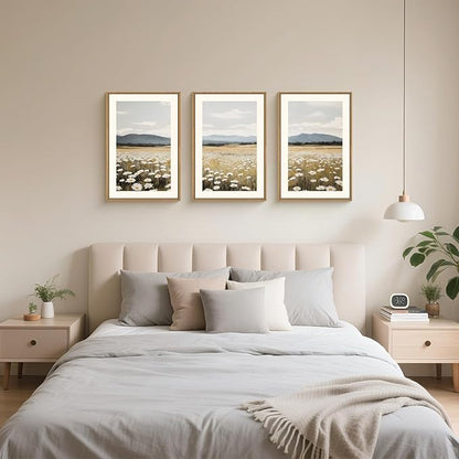 HPNIUB Wildflower Floral Field Framed Canvas Wall Art White Daisy Flowers Wall Decor,Rustic Calming Landscape Art Printing,Boho Mountain Artwork for Living Room,Bedroom,Office Decor-16''x24''x3