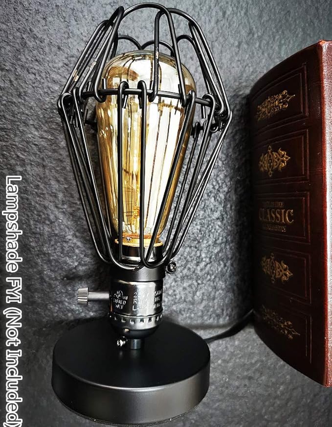 Edison Desk Lamp, Vintage Table Lamp Base, E26 E27 Industrial Retro Loft Light with Plug in Cord On/Off Switch, Bedside Lamp Holder, Home/Office/College Dorm Lighting Decor, Black (No Bulb)