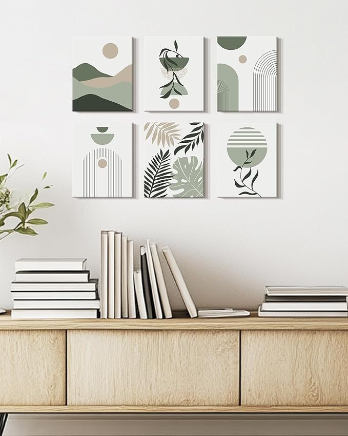Drsoum Boho Framed Wall Art Minimalist Geometric Abstract Boho Room Decor Green Sage Botanical Mid Century Modern Bohemian Prints Living Room Bedroom Ready to Hang 8x10inx6pcs (Framed)