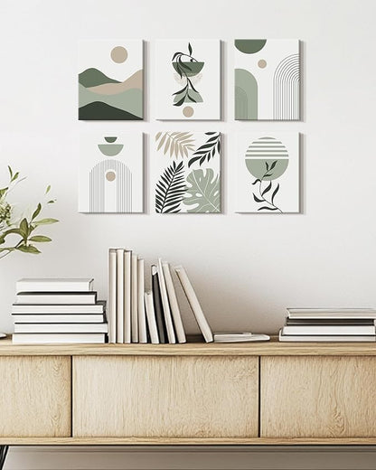 Drsoum Boho Framed Wall Art Minimalist Geometric Abstract Boho Room Decor Green Sage Botanical Mid Century Modern Bohemian Prints Living Room Bedroom Ready to Hang 8x10inx6pcs (Framed)
