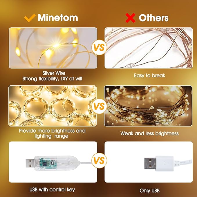 Minetom Curtain Lights, 300 LED Dimmable Fairy Lights Twinkle Lights with Remote and Timer, 8 Modes, USB Powered String Lights for Room Wall Party Christmas Indoor Decor, Warm White