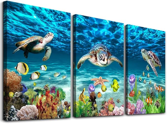 AHUASJART Canvas Wall Art for Living Room Large Size Wall decor for Bedroom Modern Bathroom Wall Decoration blue Ocean Painting Sea Turtle Pictures Ready to Hang Office Artwork 20" x 28" 3 Piece