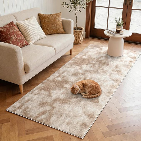 FinRèc 2x8 Washable Runner Rugs for Kitchen Hallway Bedroom, Low Pile Thin Ultra Soft Shag Rug, Non-Slip Carpet Indoor for Home Decor (Tie-dye Light Tan)