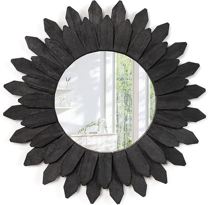 Emfogo Wall Mirror 12 inch Rustic Wood Sunburst Boho Mirror Farmhouse Wall Decor Room Decor Home Decor for Bedroom Living Room Entryway (Vintage Black)