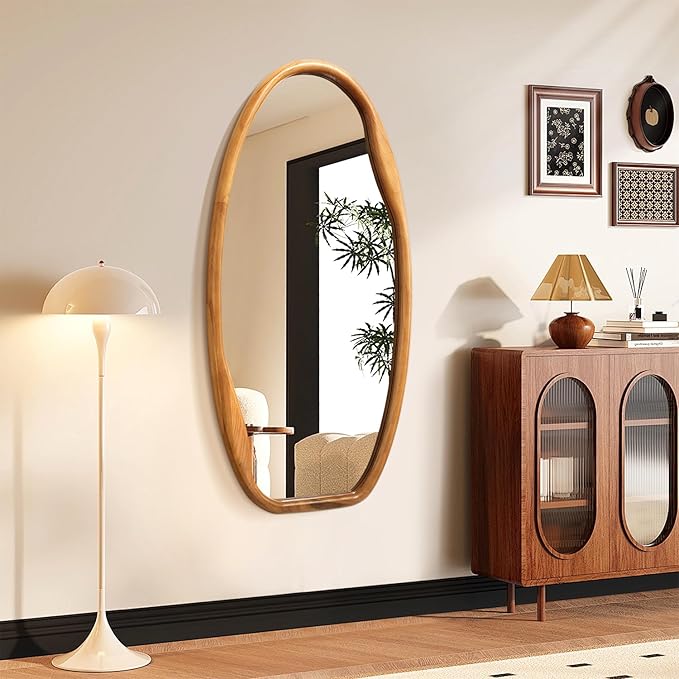 JJUUYOU Wooden Frame Wall Mirror Irregular Mirrors for wall 40"X20" Asymmetrical Decorative Vintage Hanging Mirror for Bathroom Bedroom Living Room Cloakroom Entryway Brown