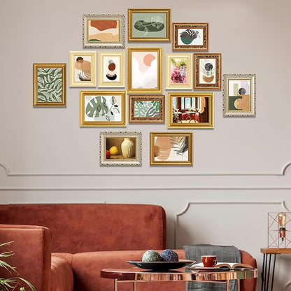 15 Pcs Gold Vintage Picture Frames for Wall or Tabletop Display Ornate French Country Frame Collage with 8x10 5x7 4x6 Frames Set for Gallery Bedroom Living Room