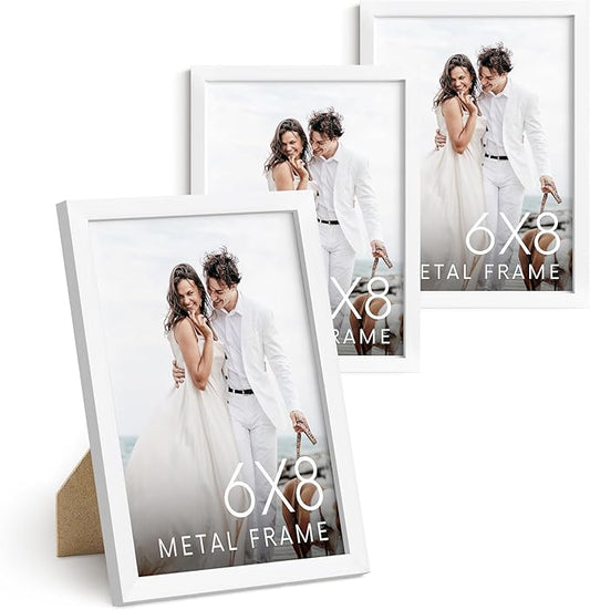 HAUS AND HUES 6x8 White Aluminum Frame Set of 3 - Vertical Hanging, Easel Back for Tabletop, Shatterproof Plexiglass (6x8 in, White)