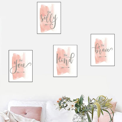 Set of 4 Teen Girl Wall Art Canvas Painting Be Kind Inspirational Quote Print Blush Grey Wall Picture Nordic Poster for Girls Bedroom Decor Home Living Room