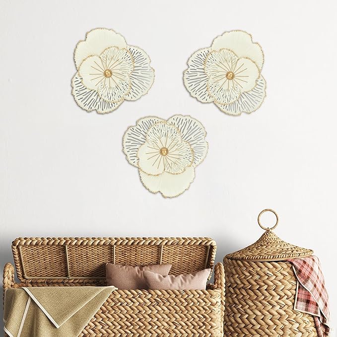 DILATATA 3 Pcs Metal Flower Wall Art Set 10 Inch Rustic Modern Floral Sculpture 3D Metal Flower Wall Hanging Accent for Indoor Living Room Bedroom Kitchen Bathroom Garden Patio Decor - White
