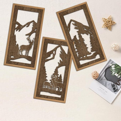 HPNIUB 3PCS Jungle Animals Wall Decor,Rustic Mountain Forest Wooden Sign for Living Room,Vintage Abstract Deer Pine Trees Hanging Wood Plaque Wall Art Nature Wall Sculpture for Home Office(8x16Inch)