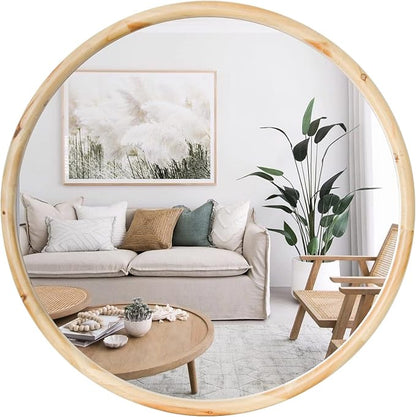 sawsile Round Wood Mirror 24" Natural Circle Wooden Nursery Farmhouse Rustic Decorative Large Wall Mirror for Bathroom,Living Room, Fireplace,Hallway
