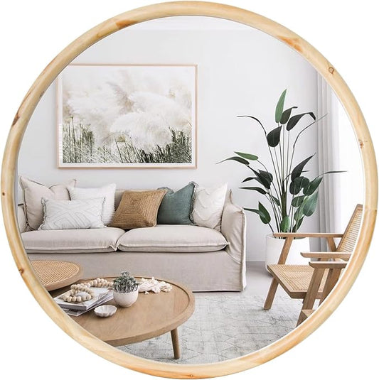 sawsile Round Wood Mirror 24" Natural Circle Wooden Nursery Farmhouse Rustic Decorative Large Wall Mirror for Bathroom,Living Room, Fireplace,Hallway