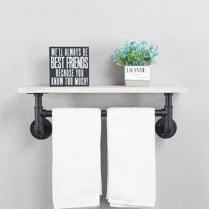 MBQQ Black & White Shelving Bathroom Pipe Shelves with Towel Bar Over Toilet, 24 inch Pine Wood Floating Shelves for Wall Mounted Bedroom,Kitchen, Farmhouse, Living Room