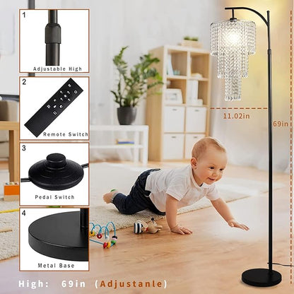 ZECOXOL Arc Floor Lamp for Living Room Modern Floor Lamp with Remote Control,Dimmable Crystal Floor Lamps Black Standing Lamp with 10 Color Temperature Tall Chandelier Floor Lamps for Bedroom Corner