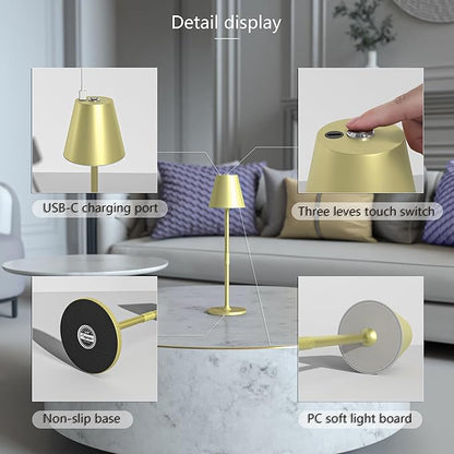 Timjorman 1-Pack Cordless Table Lamps - 5000mAh Rechargeable Battery Operated Desk Lamp, 3-Level Dimmable LED Night Light for Bedroom, Dining, Restaurant - Metal Design (Champagne Gold-1Pack)