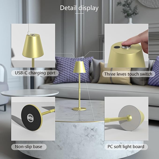Timjorman 4-Pack Cordless Table Lamps - 5000mAh Rechargeable Battery Operated Desk Lamp, 3-Level Dimmable LED Night Light for Bedroom, Dining, Restaurant - Metal Design (Champagne Gold 4Pack)