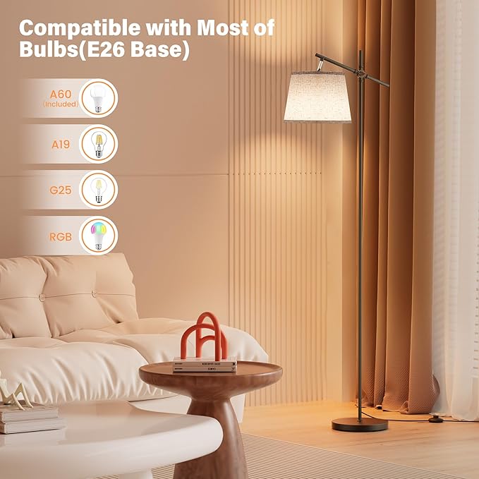 SIBRILLE Floor Lamp with Linen Shade, Dimmable Tall Standing Lamp with Remote Control & 3 Color Temperatures Bulb, Modern Swing Arm Floor Lamps for Living Room Bedroom Office Corner