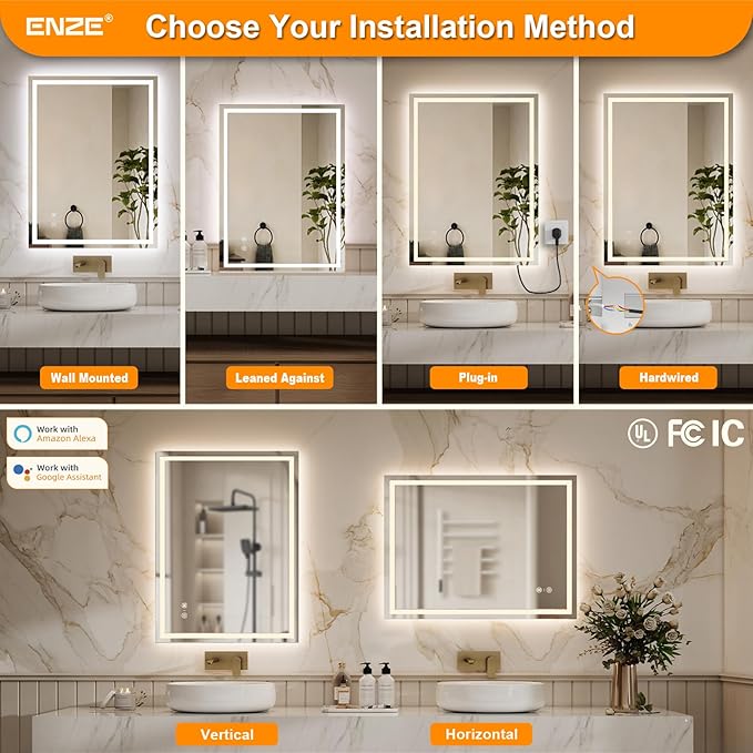 ENZE 24" x 32" Smart LED Bathroom Mirror with Lights, WiFi & Alexa Voice Control, Anti-Fog Wall-Mounted Vanity Mirror, Dimmable 3-Color, Plug-in/Hardwired, Horizontal/Vertical