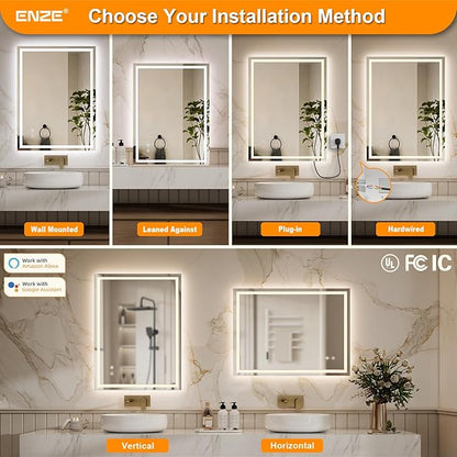 ENZE 24" x 32" Smart LED Bathroom Mirror with Lights, WiFi & Alexa Voice Control, Anti-Fog Wall-Mounted Vanity Mirror, Dimmable 3-Color, Plug-in/Hardwired, Horizontal/Vertical
