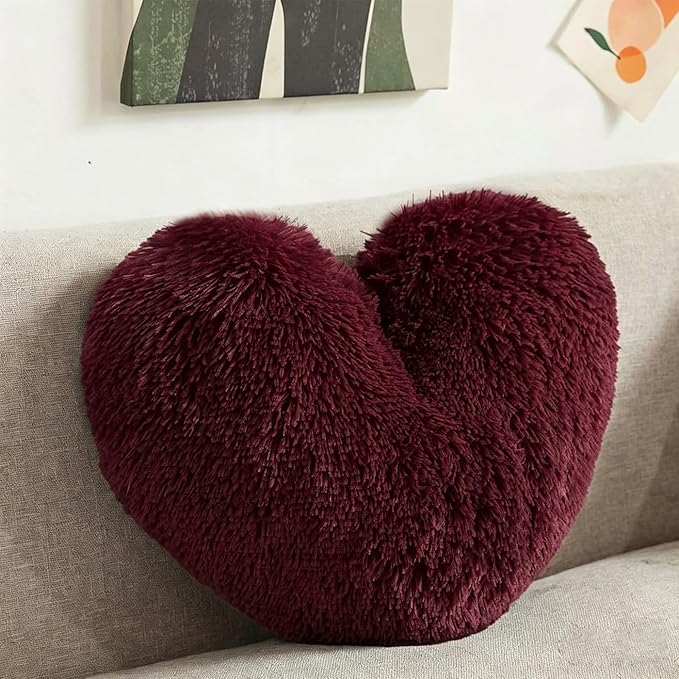 MorroMorn Fluffy Heart Throw Pillows, Shaggy Decorative Pillow for Sofa Couch Bed, Cute Room Decor Decorations for Women Girls Kids (Maroon)