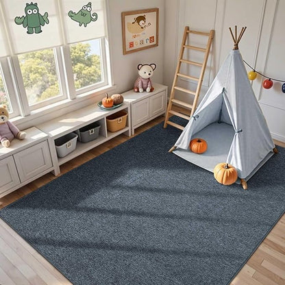 FinRèc 4x6 Washable Area Rugs for Bedroom Living Room, Low Pile Thin Rug Solid Color, Non-Slip Carpet Indoor for Home Decor (Grey Blue/White)
