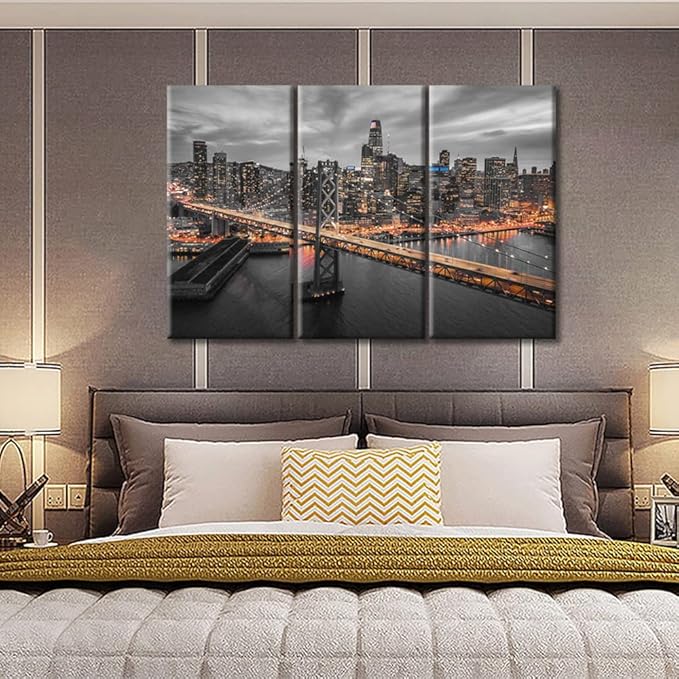 TUMOVO San Francisco and the Bay Bridge at Night Wall Art City Skyline Skyscrapers Pictures Bathroom Decor Wall Art 3 Panel Contemporary Home Decor Print on Canvas Framed Ready to Hang (36" Wx24 H)