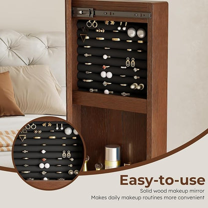 69" H×20" W Solid Wood Mirror Jewelry Cabinet,360°Swivel Jewelry Organizer,Jewelry Armoire Cabinet Standing,Full Length Mirror with Storage&Coat Rack,Walnut