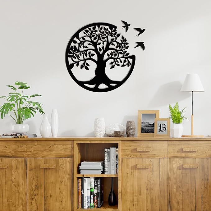 Tree of Life Wall Art Wooden Tree Life Wall Decor with Three Birds 12 Inch Round Family Tree Life Wall Hanging Plaque for Bedroom Living Room Kitchen Office Farmhouse Decor Indoor Outdoor (Round Tree of Life - Black)