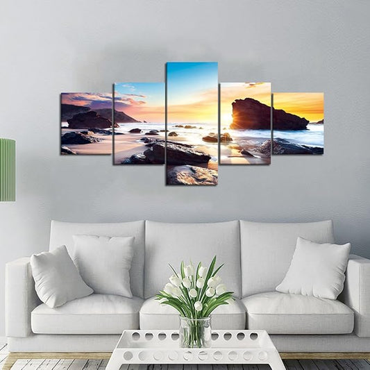 Sunset Beach Rocks Landscape Picture Modern Painting on Canvas 5 Panels Set Framed Wall Art for Living Room Bedroom Kitchen Home Decor Stretched Gallery Canvas Wrap Giclee Print (50''W x 24''H)
