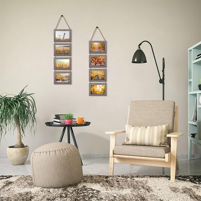 Lavezee 4x6 Hanging Collage Picture Frame Set, Rustic 8 Opening Horizontal Frames Display 4 by 6 Photos Prints for Wall Decor