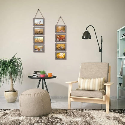 Lavezee 4x6 Hanging Collage Picture Frame Set, Rustic 8 Opening Horizontal Frames Display 4 by 6 Photos Prints for Wall Decor