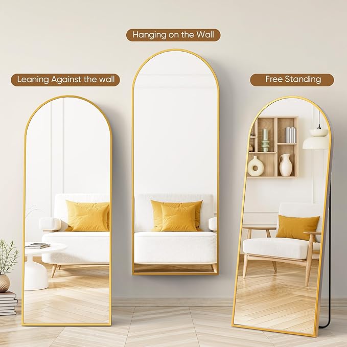 Sweetcrispy 71"x26" Arched Full Length Mirror, Full Body Mirror with Aluminum Alloy Thin Frame, Leaning or Standing, Suitable for Bedroom, Livingroom, Cloakroom, Gold
