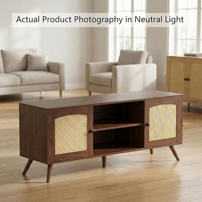 holzart Mid Century Modern Rattan TV Stand for 55/60 Inch TV - 53" Boho Media Console Table with Cane Doors & Open Shelves, Rustic Brown Entertainment Center for Living Room, Hallway, Entryway