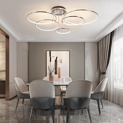 CANEOE Modern Ceiling Light Fixture,Chrome Dimmable Led Ceiling Light with Remote Control for Living Room,5 Rings Flush Mount Ceiling Lamp for Living Room Bedroom Kitchen Lighting Fixtures Ceiling