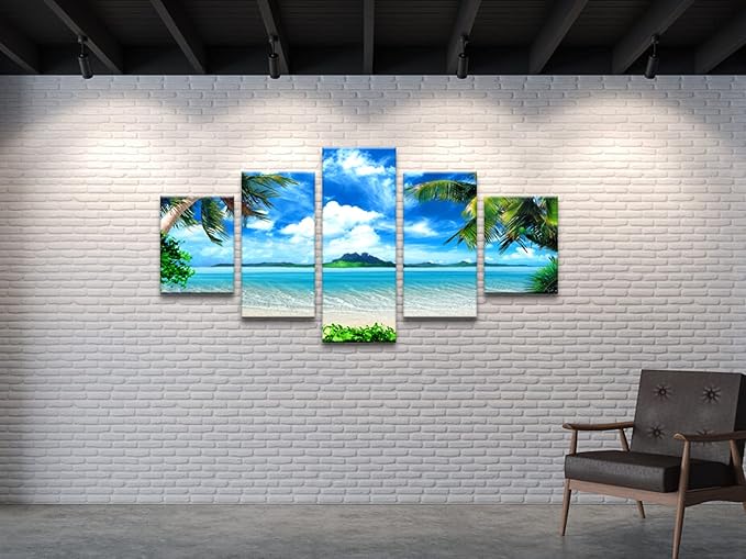 Pyradecor 5 Piece Canvas Prints Wall Art for Living Room Kitchen Home Decorations Large Modern Gallery Wrapped Pretty Landscape Blue Ocean Beach Pictures Paintings Artwork Ready to Hang L