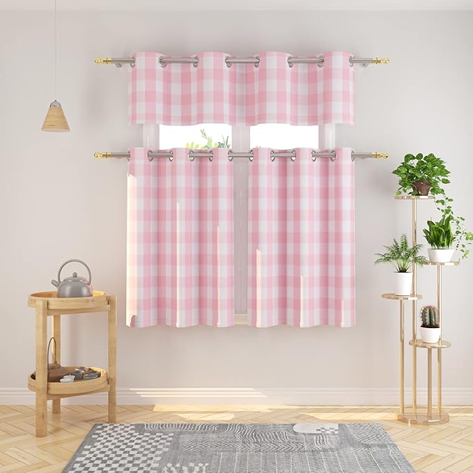 3 Pc Cotton Classic Country Farmhouse Kitchen Window Curtain Grommet Top -Pink & White Buffalo Check Tier & Valance Set, 54" x 18" / 32" x 24"