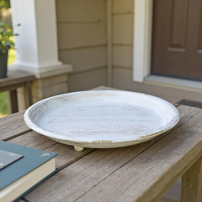 10-inch Candle Plate Holder Tray & 30-inch Wooden Bead Garland with Tassels, Farmhouse Decorative Tray, Rustic Country Home Decor - White