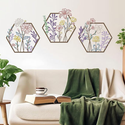 ESTART 3 Pcs Metal Flower Wall Decor, Minimalist Floral Wall Hanging Art, Abstract Line Floral Wall Art Sculpture for Bedroom Bathroom Living Room Kitchen Dining Room (Colorful)